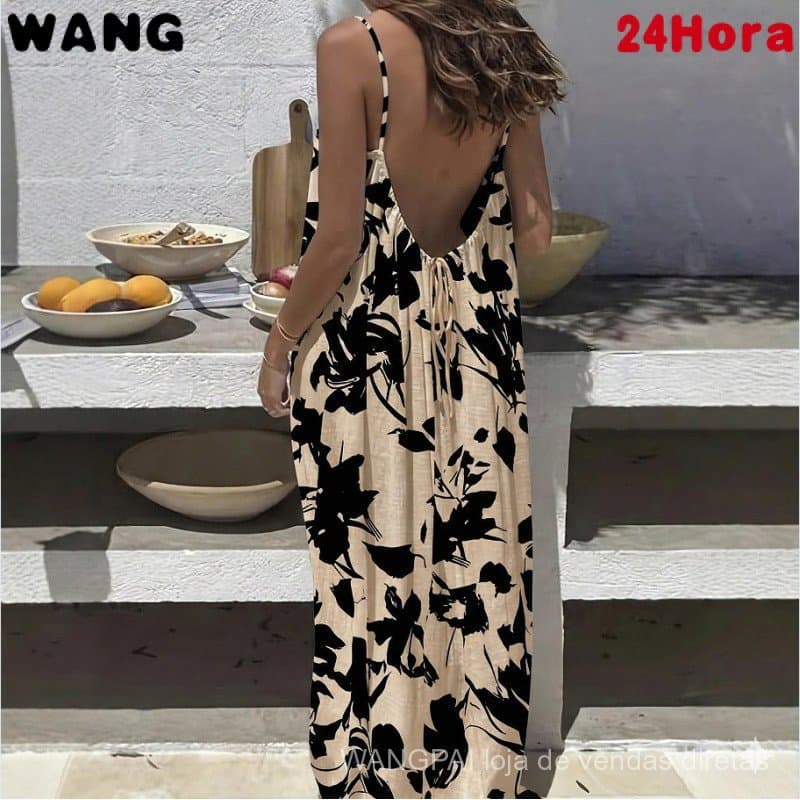 Vestido Longo Feminino Solto Estampado Sem Alças e Costas Descobertas