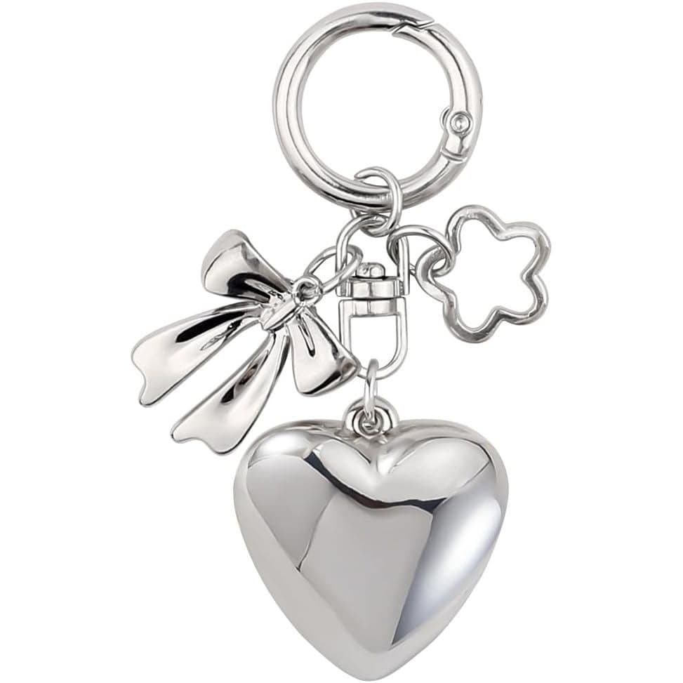 Chaveiros Prateados, Acessórios de Chaveiro com Coração, Laço e Flor, Chaveiros Kawaii, Chaveiros Fofos para Mulheres, P