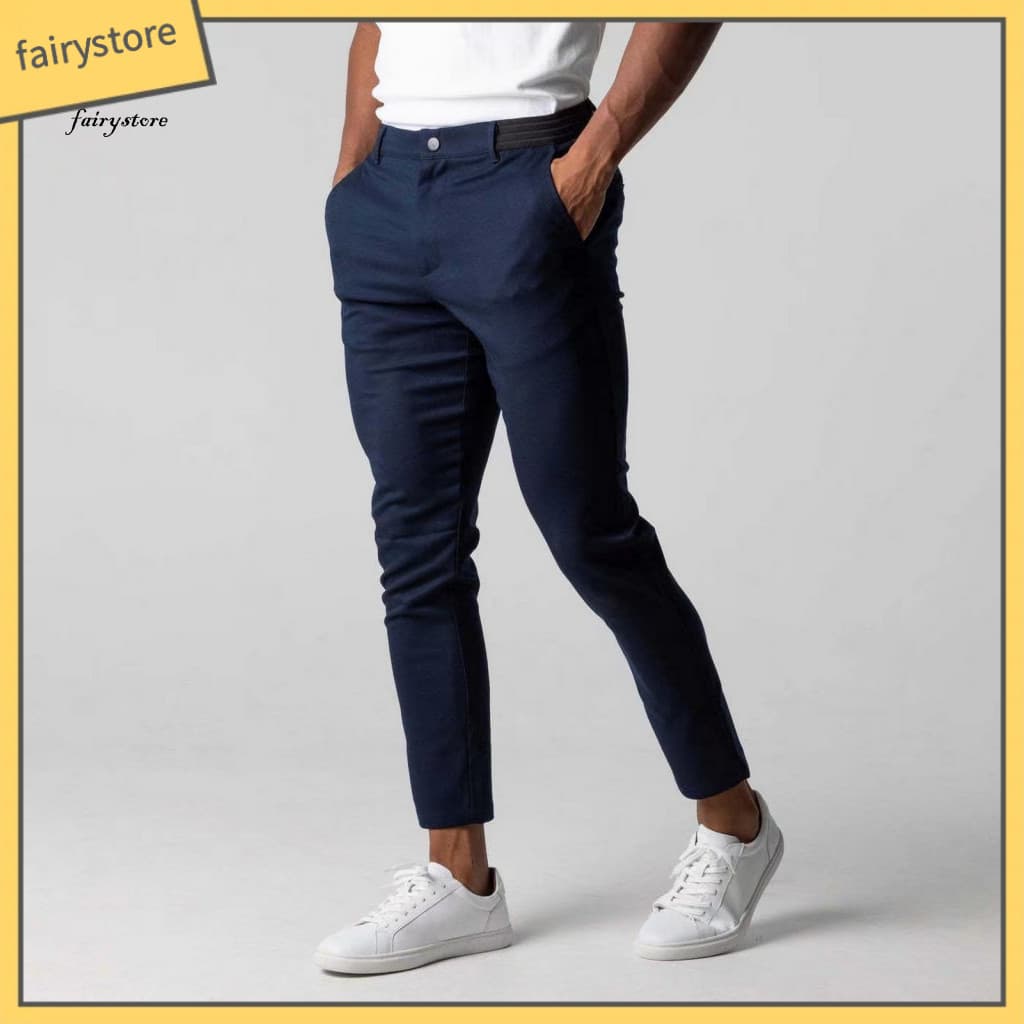 Men Daily Trousers Pants Men's Slim Fit Business with Pockets Stretchable Waist Button Zipper Solid Color Straight Leg W