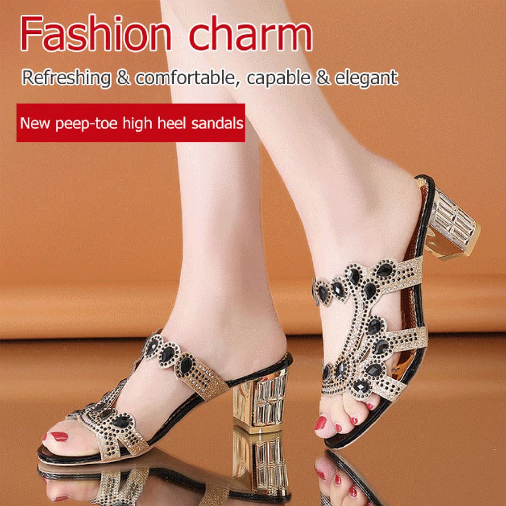 【Design Sofisticado】Women Sandals Rhinestone Hollow Out Thick Heel Slippers/Sandálias Femininas/Rasteiras com Strass par