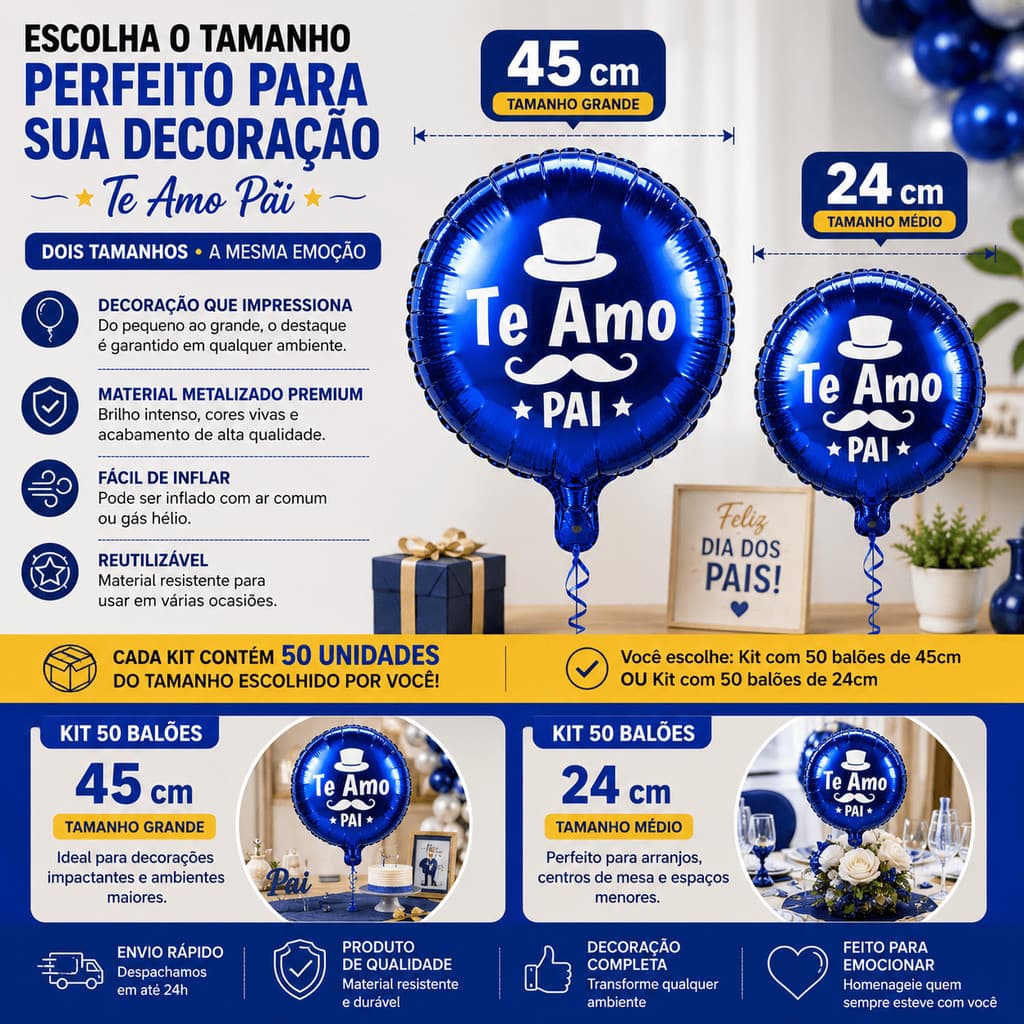 Balão Metalizado azul Te Amo Pai 25cm e 45cm comemoração surpresa festa