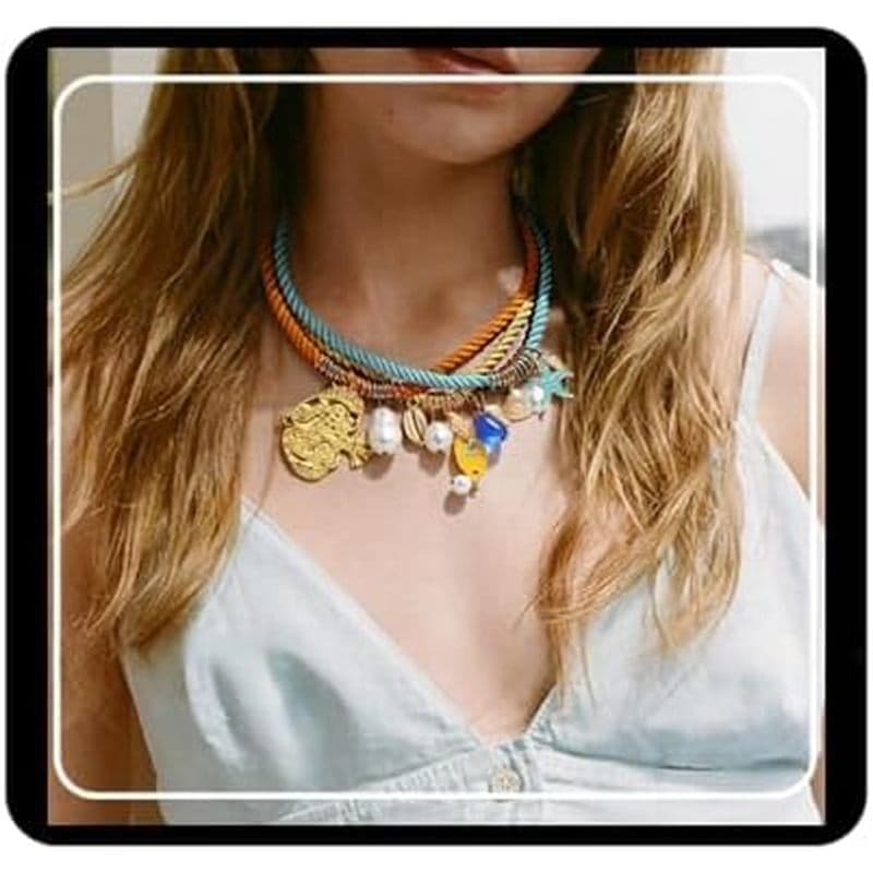 Colar De Corda Em Camadas Doubnine Boho , Turquesa E Laranja , Pingente Com Contas De Pérolas , Declaração Estilo Praia