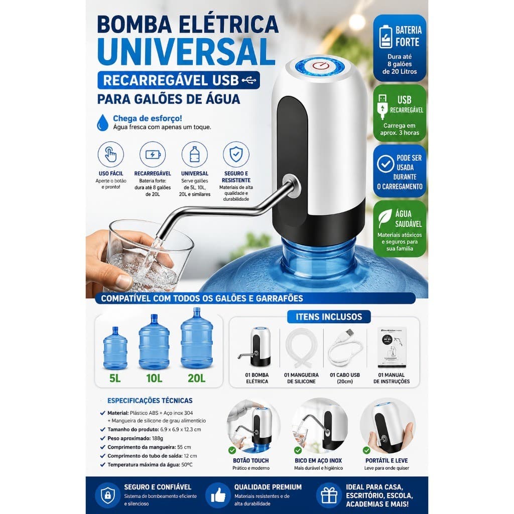 Bomba elétrica universal recarregável USB para garrafas de água de galão Bomba elétricade galão
