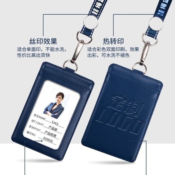 Porta-crachá de trabalho em couro genuíno, porta-cartões em couro genuíno, porta-cartão de identificação, cordão para ca