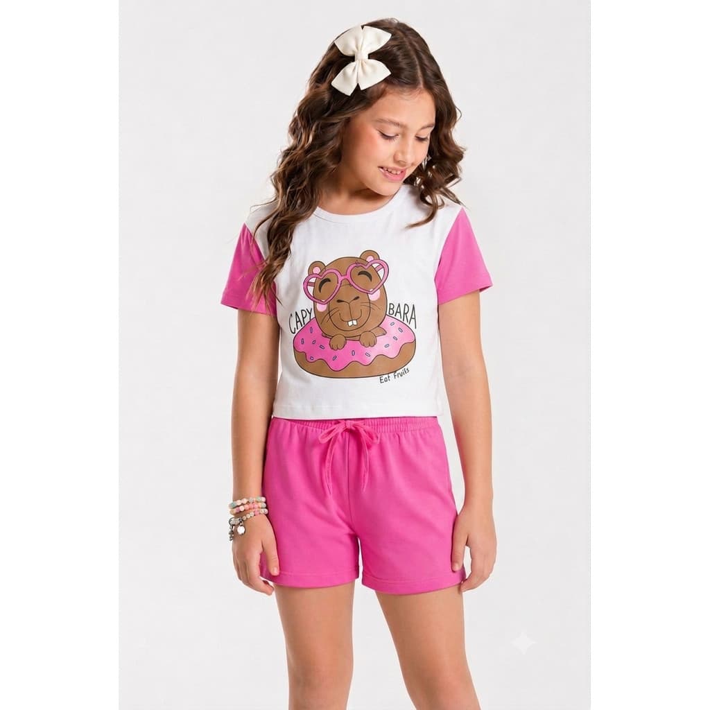 Conjunto Infantil Verão Feminino Cropped Capybara - Branco | ED KIDS