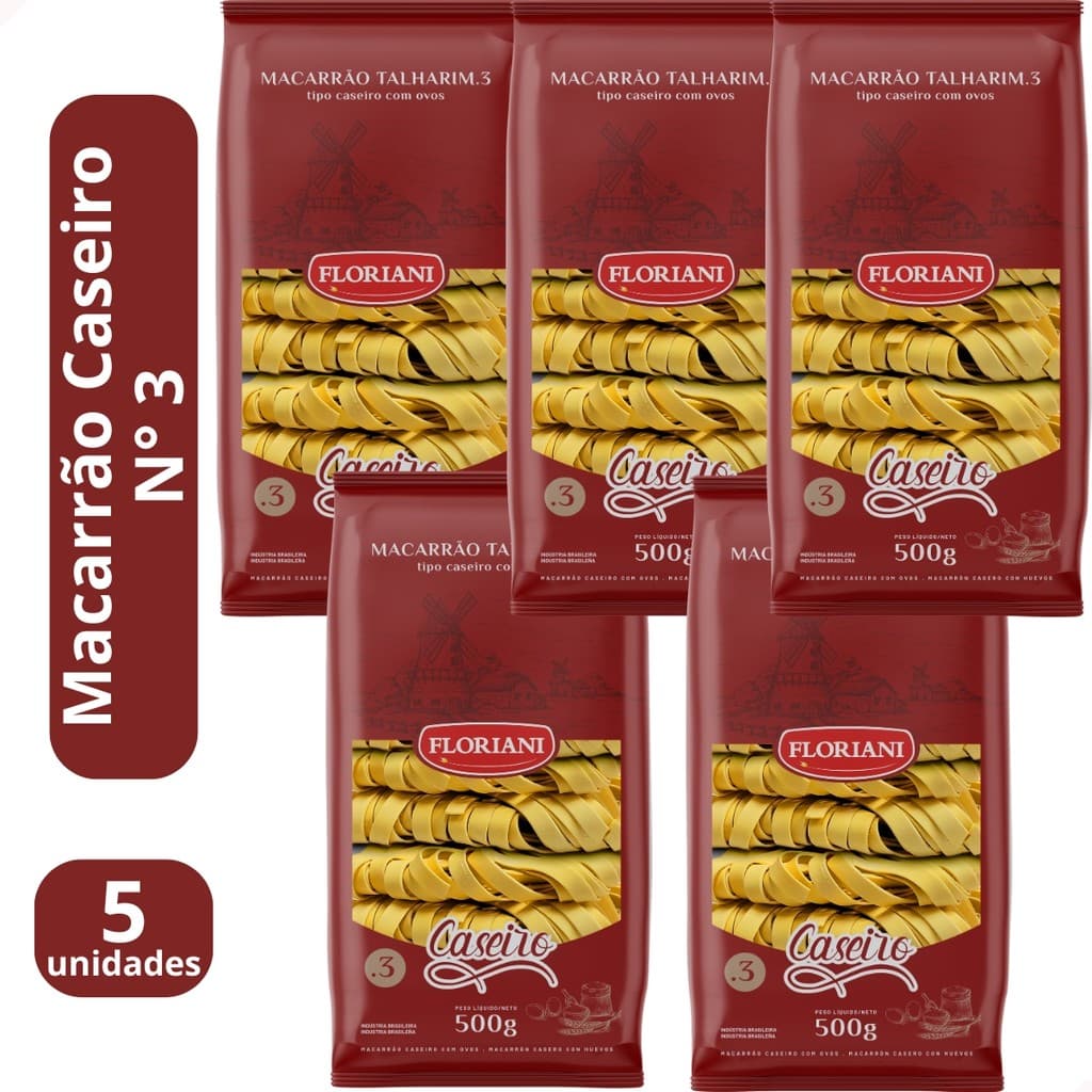 KIT 5 - Macarrão Caseiro Talharim Com Ovos 500g Numero 3 Massa Caseira Gourmet Pasta Floriani