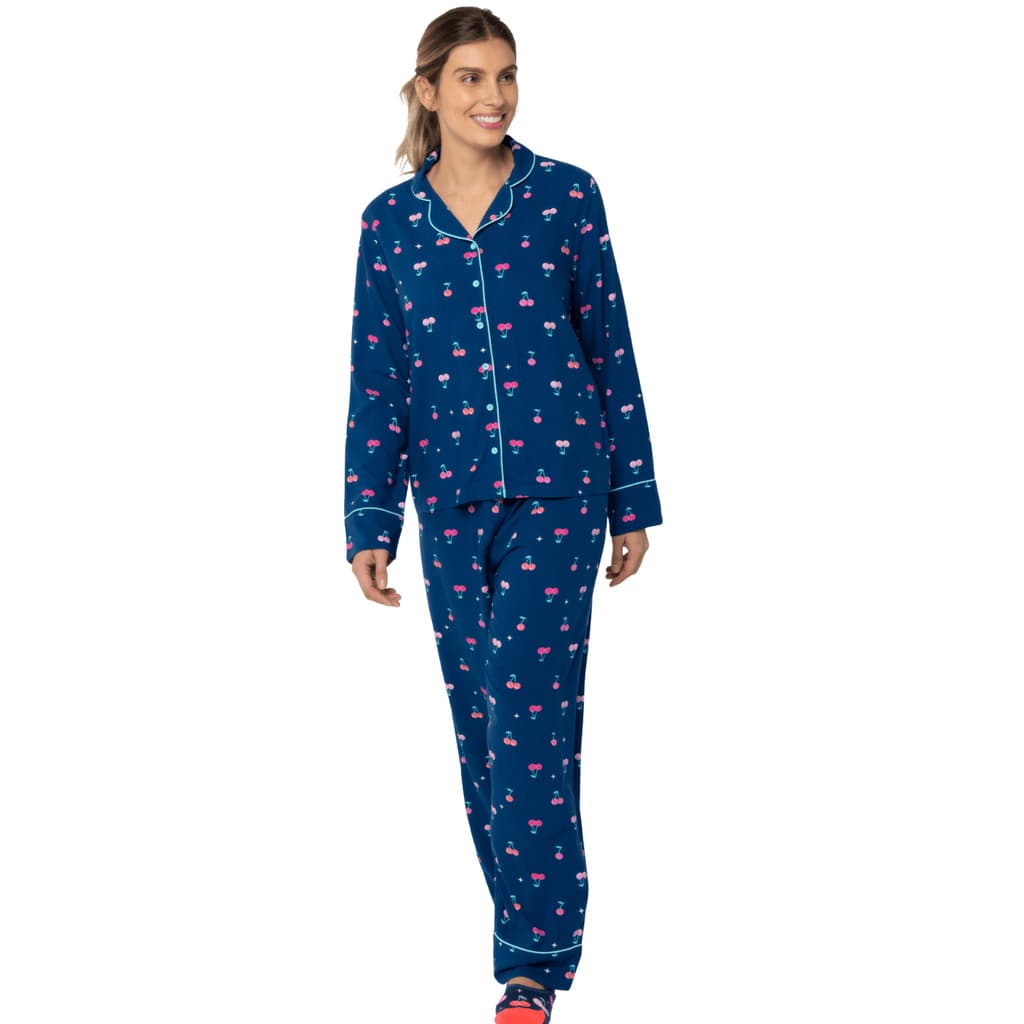 Pijama Feminino Adulto Cerejas Americano Viscose Manga Longa Elegante Original Puket