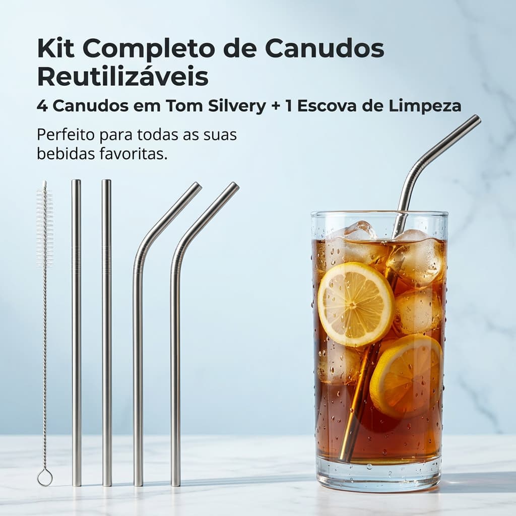 kit com 4 canudos aço inox e com uma escova para canudos