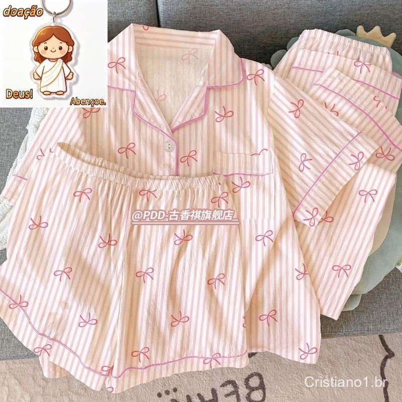 Conjunto De Três Peças De Verão : Pijama Fino Em Nuvem Para Mulheres , Lindo E Doce , Nó De Borboleta , Roupa De Casa