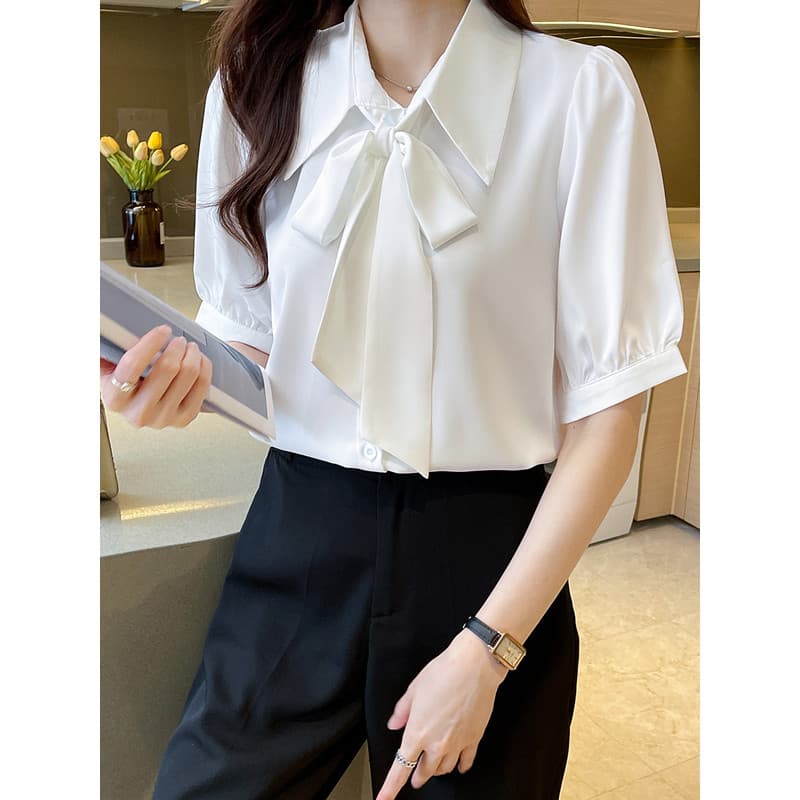 Camisa de arco feminina de manga curta verão novo estilo profissional camisa branca entrevista Commuter solto manga Puff