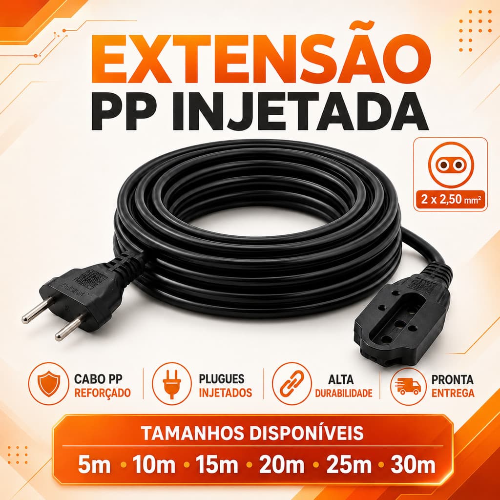 Extensão Elétrica Cabo PP Injetada 2x2,50mm² Reforçada 5m 10m 15m 20m 25m 30m Preta