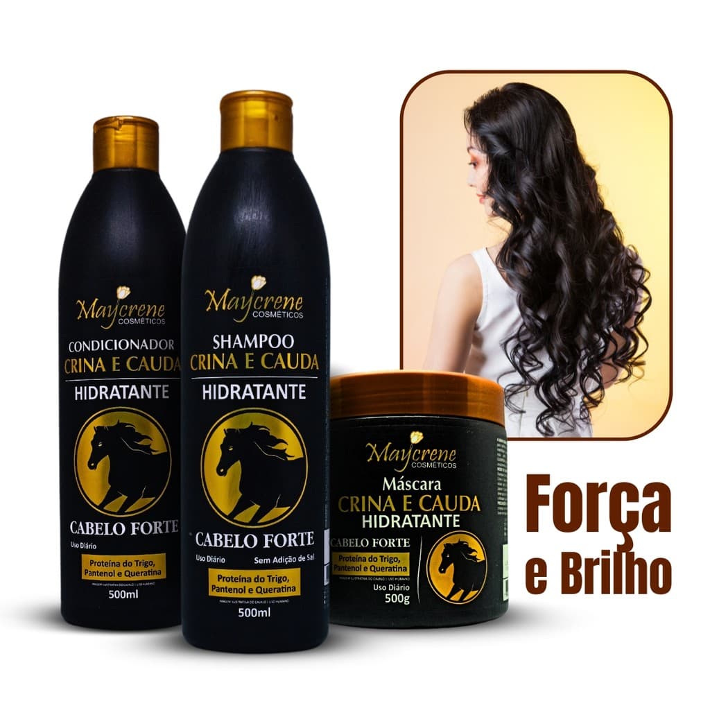 Kit Crina e Cauda Força e Brilho Capilar Maycrene - Shampoo, Condicionador, Máscara