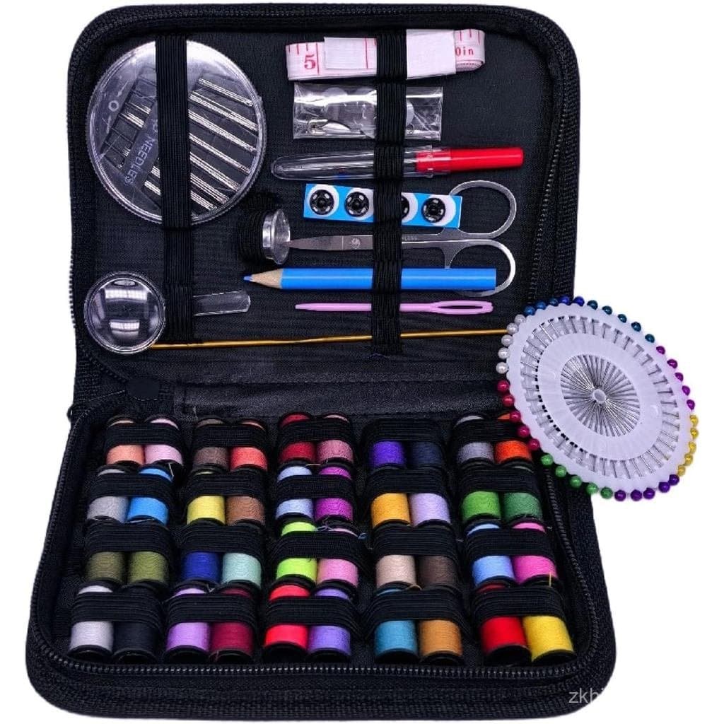 Kit de Costura com 42 Peças para Casa, Viagens e Emergências - Composto por Acessórios, Tesoura e Linha - Bolsa Preta 7L