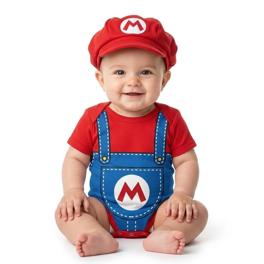Body Bebê Super Mario Bros Fantasia Temática Com Boina Algodão
