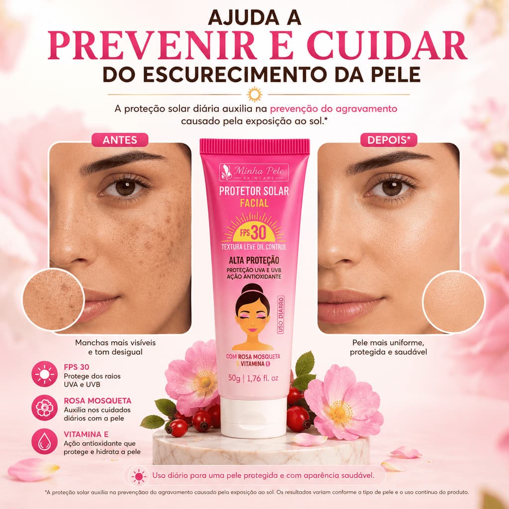 Protetor Solar Facial fps 30 com Rosa Mosqueta e Vitamina E Clareia e Protege 50g
