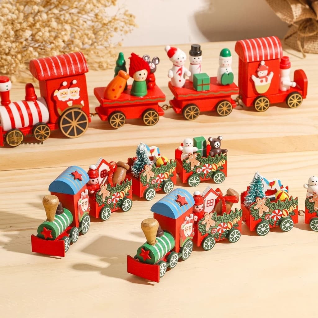 2023 Ornamento de Trem de Madeira para o Natal/Conjunto de 4 Peças Montado à Mão Brinquedo para Casa Papai Noel Decoraçã