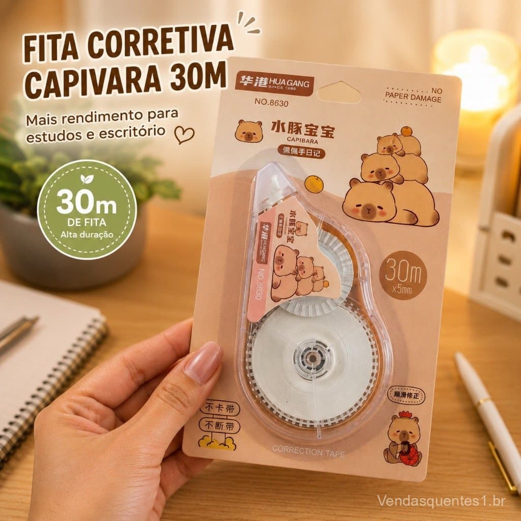 Fita Corretiva Capivara 30m x 5mm Grande Correção Papelaria Fofa Divertida Material Escolar Escritório Kawaii