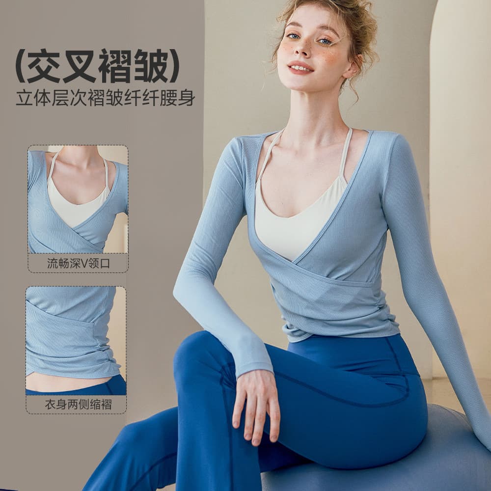 Roupas de Yoga femininas outono novo estilo Crinkle com decote em v roupas de Fitness esportes ao ar livre blusa de mang