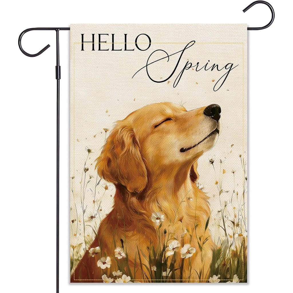 Balgardekor Bandeira de Jardim com Estampa de Cão Golden Retriever "Olá Primavera", Dupla Face, Decoração Floral Sazonal