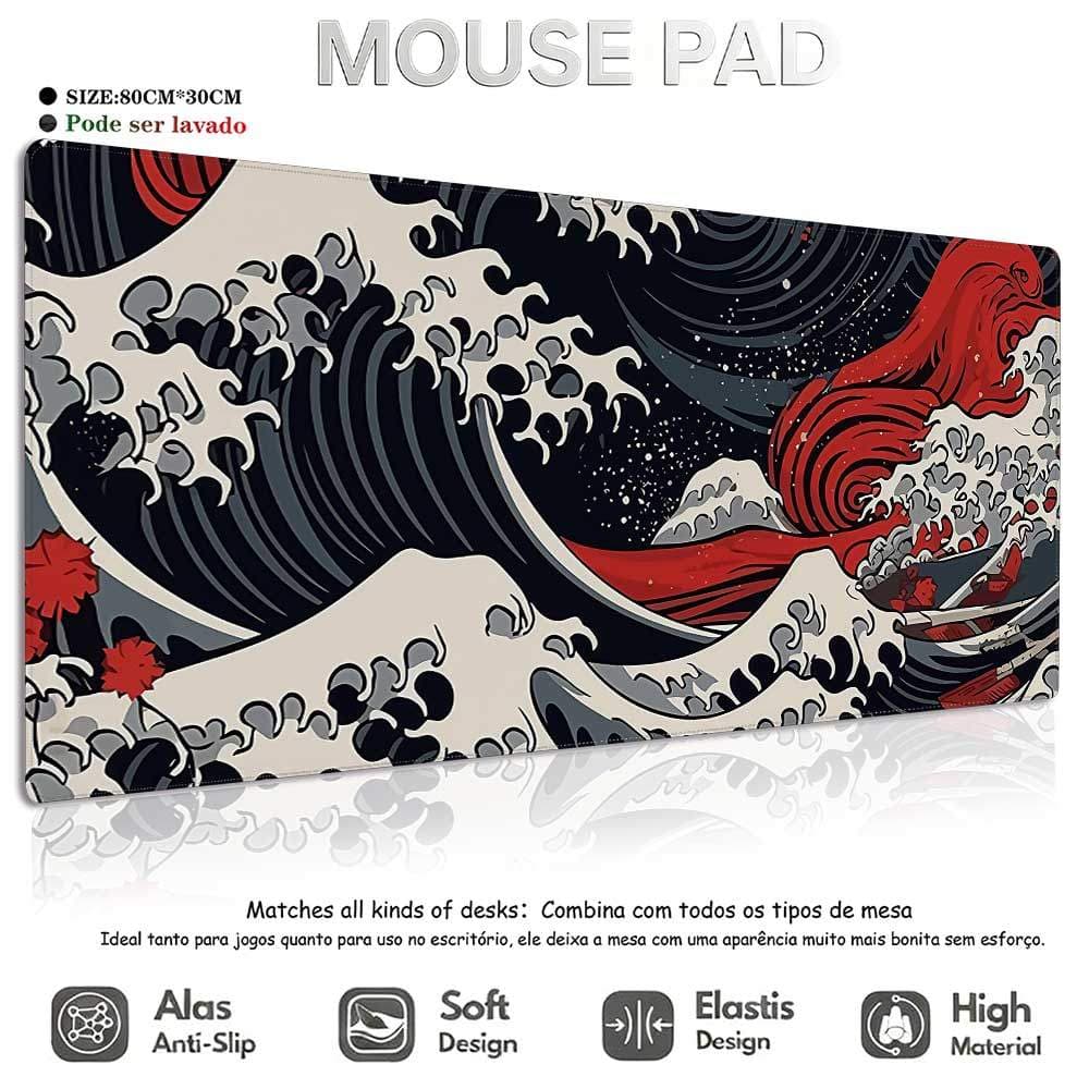 Mouse Pad Gamer Onda Japonesa Premium 80x30cm Design Artístico Antiderrapante com Borda Costurada Reforçada