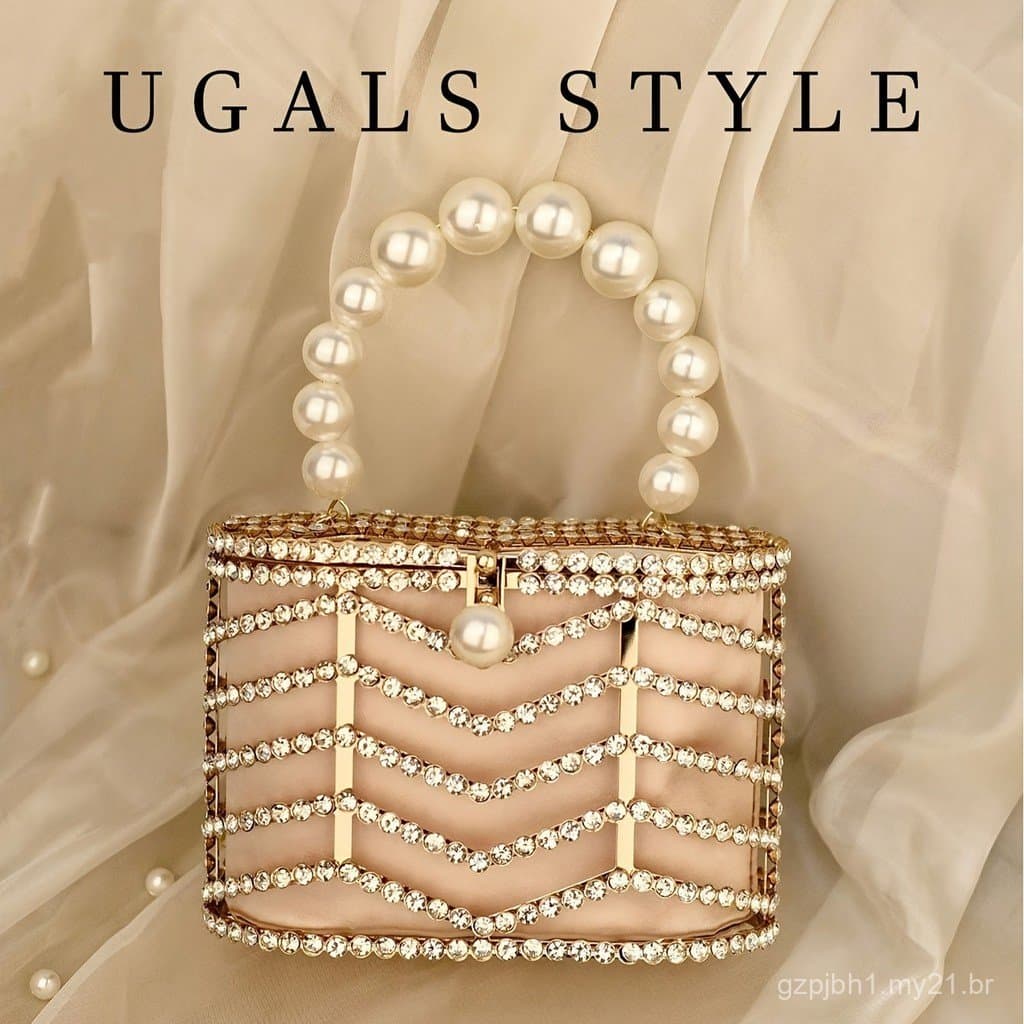 Bolsa Clutch Transversal Estilo Francês com Strass Ondulado, Formato Cesto de Legumes e Gaiola de Pássaros, Brilhante, T