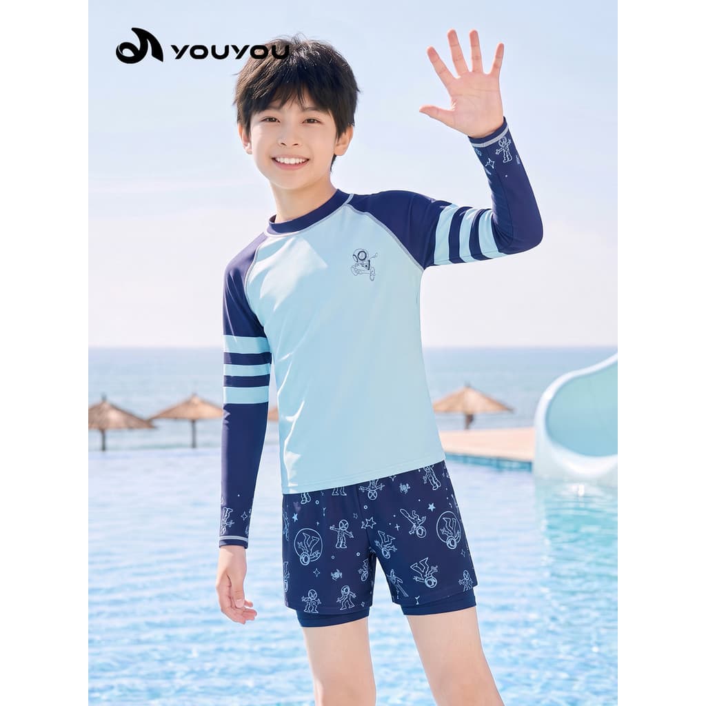 Youyou terno de natação de manga comprida, roupa de banho dividida para crianças, protetor solar, absorção de umidade, r