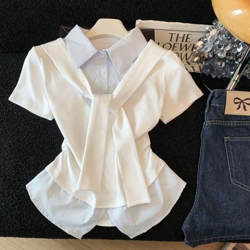 [Novo estilo] 2026 Camisa falsa de lapela listrada de duas peças feminina estilo coreano Design sensação plissada cintur
