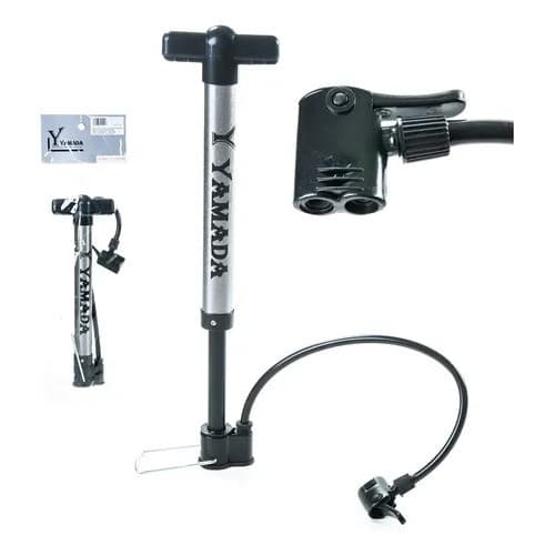 Bomba Ar Bicicleta Yamada 30,5cm Aço Duplo Bico Prata Manual 40psi Schrader Presta