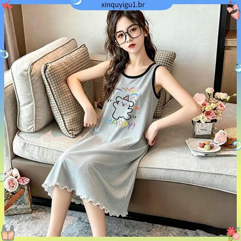 Verão novo estilo crianças pijamas de seda gelo meninas médio grande crianças dos desenhos animados camisola meninas col