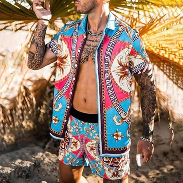 [Venda quente] Shorts masculinos casuais soltos com capa de praia camisa de manga curta [envio rápido]