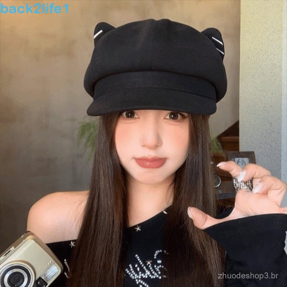 Chapéu Com Orelha De Gato BACK2LIFE1 , De Boina Britânico Estilo Japonês De Cor Sólida , Boné Octogonal Y2K De Lã Ajuste