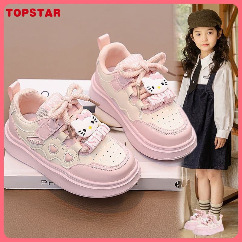 Tênis para Meninas Kate Cat, Tênis Esportivos de Couro de Camada Única para Meninas, Tênis Versáteis com Desenhos Animad