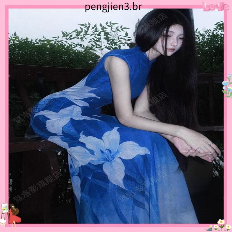 Novo estilo chinês estilo chinês Design sentir flor impresso gaze vestido feminino outono cintura estreita mais magro ol