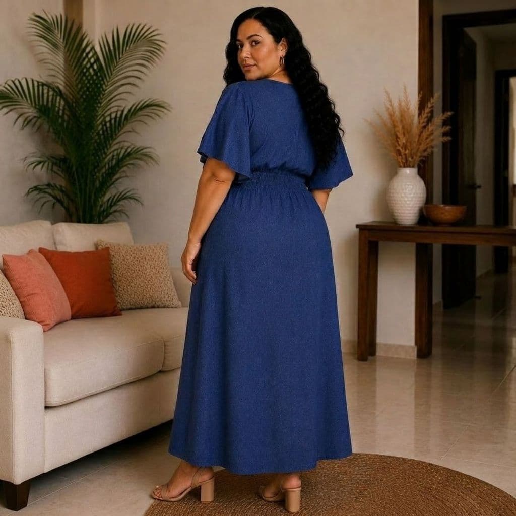 Vestido Feminino Midi Plus Size Manga Borboleta Decote V Soltinho Moda Evangélica Elegante Chique