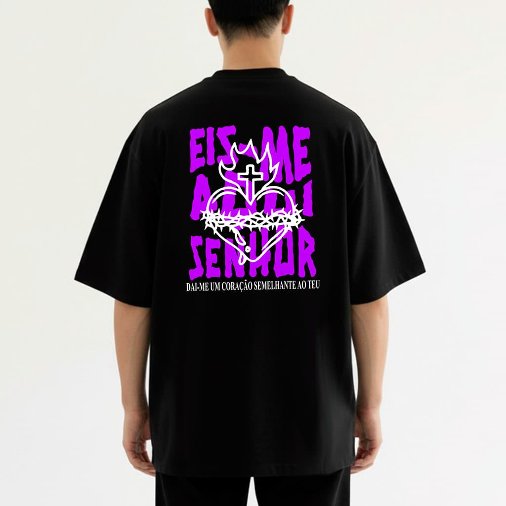 Camiseta Oversized Religiosa Eis Me Aqui Senhor Algodão Penteado Malha Fria Peruana Unissex
