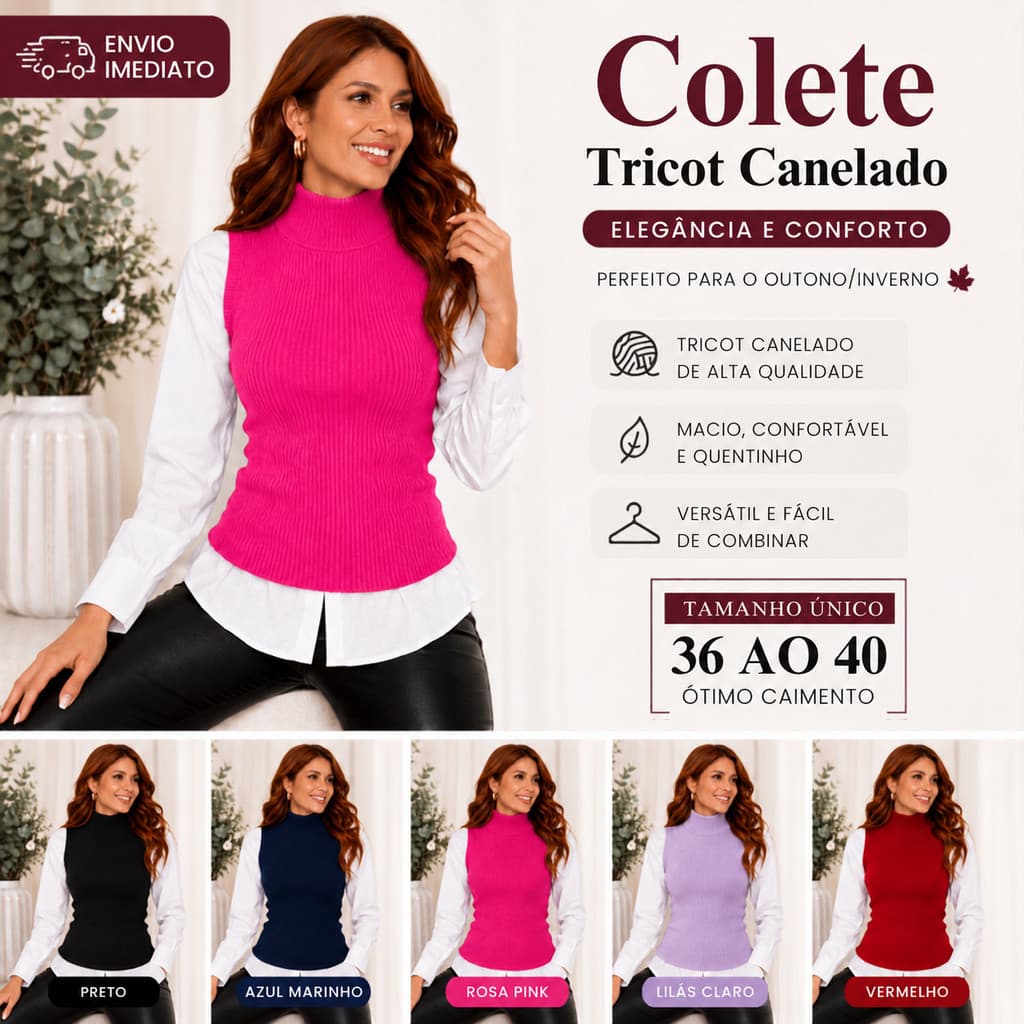 Colete Tricot Feminino Canelado Gola Alta Blusa Sem Manga Casual Chique