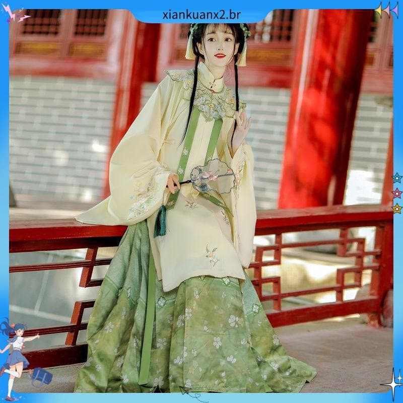 Ming feito Hanfu feminino Original sonho caneta flor crua gola alta camisa longa indústria pesada bordado nuvem S