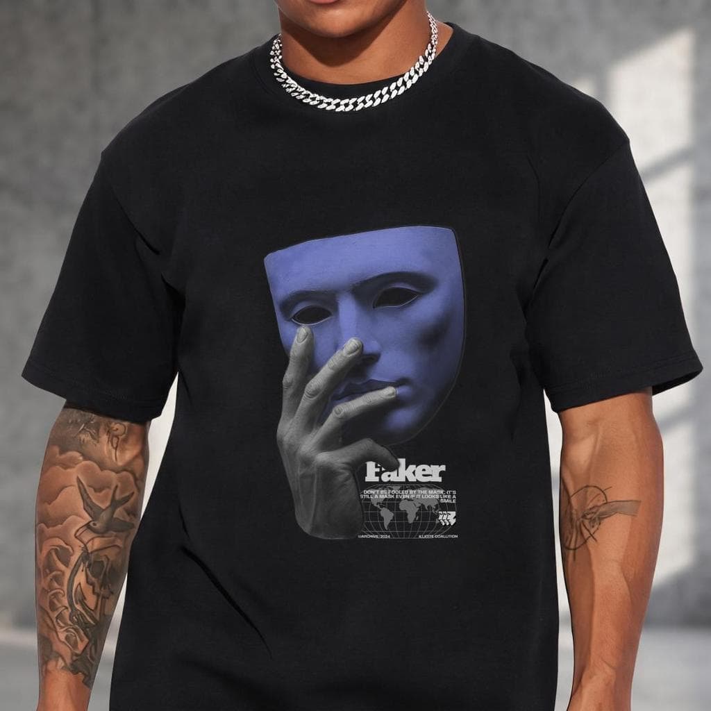 Camiseta Preta Masculina Estampa Máscara Azul Faker Mão Manga Curta Gola Redonda Versátil 100% Algodão