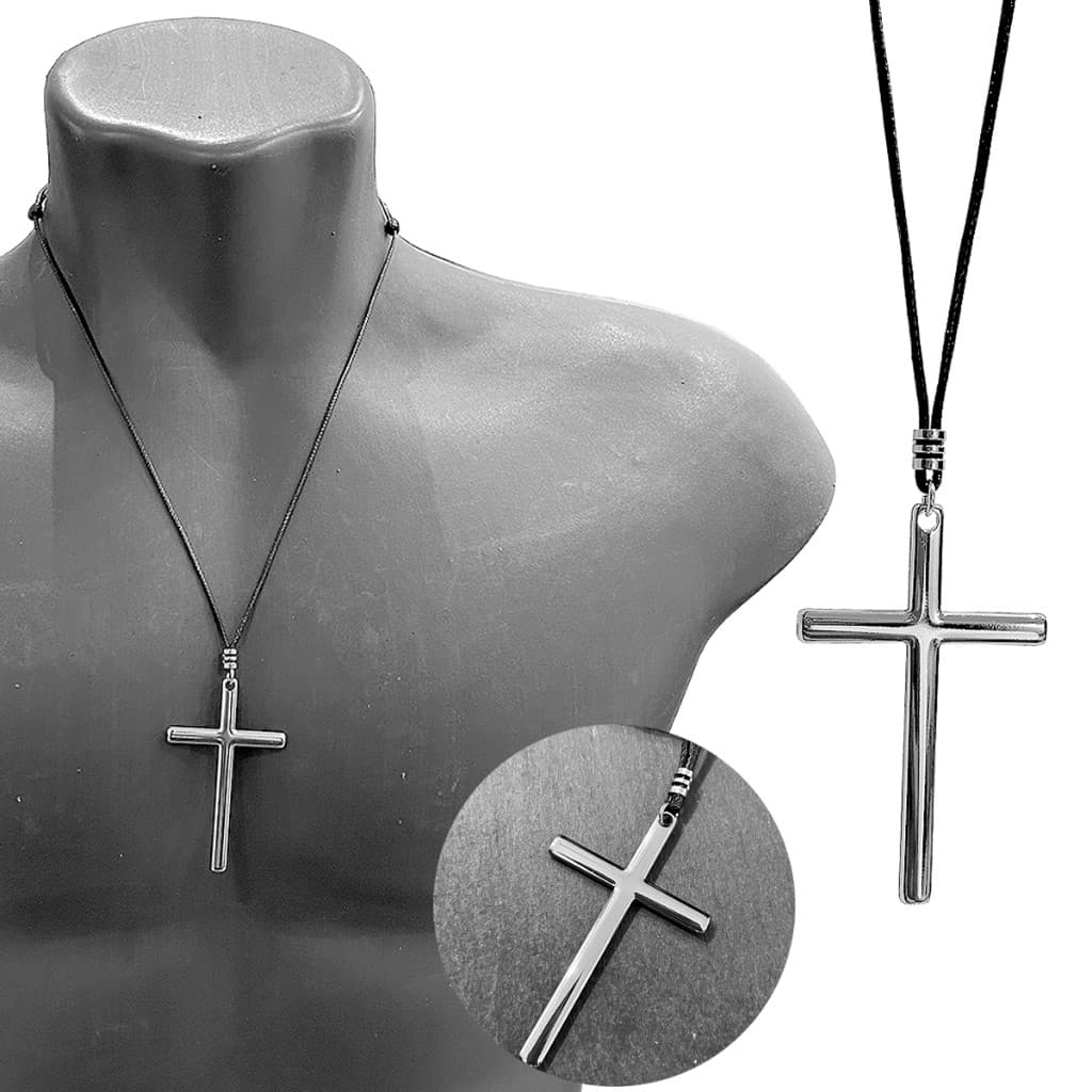 Colar Premium Cruz Cromada em Metal Zamac Cordão Ajustável Fio Encerado