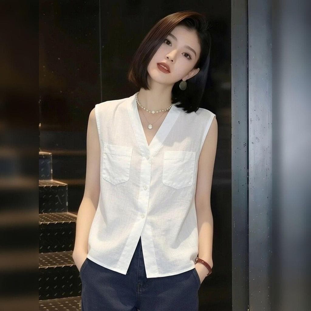 [Promoção por tempo limitado] Top branco sem mangas com decote em V estilo simples, 2026 Verão Novo estilo Commuter Slim