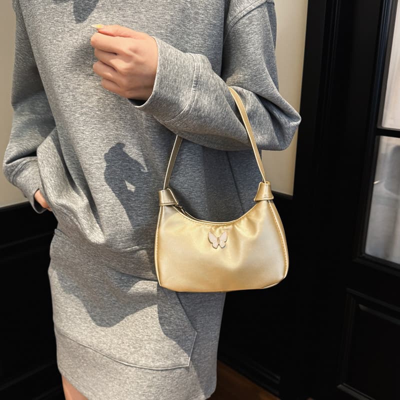 Bolsa feminina com acessório de borboleta simples, nova bolsa de ombro versátil em PU de cor sólida, bolsa leve para usa