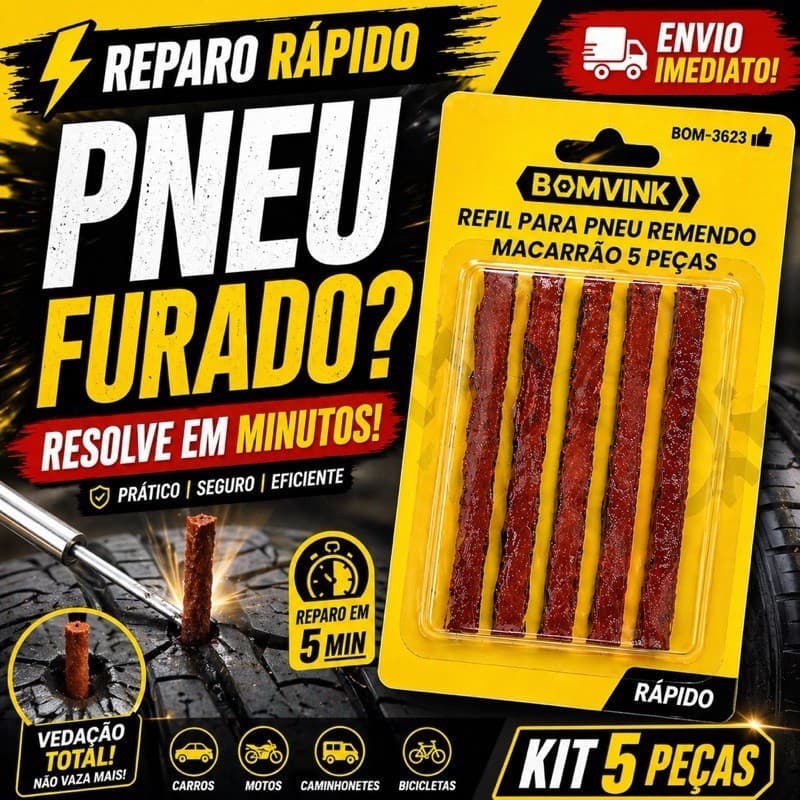 Refil Macarrão 5 Peças Reparo Rápido para Pneu Sem Câmara Furado de Bicicleta e Moto
