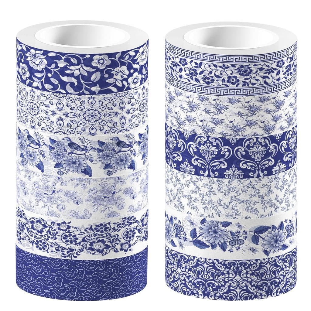 Conjunto de 12 Rolos de Fita Washi com Padrão de Porcelana Azul e Branca, Adesivo Decorativo para Artesanato DIY e Mater