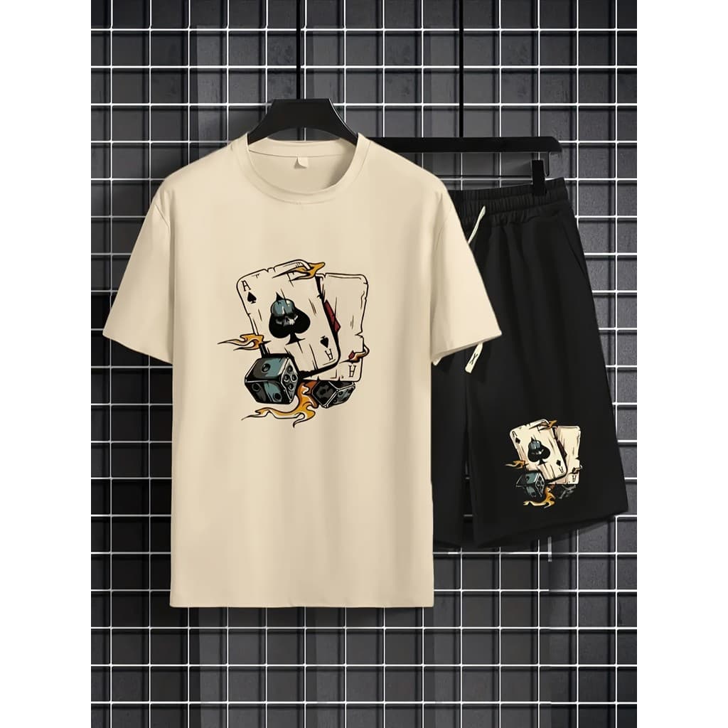 Conjunto Masculino Camiseta e Bermuda homens estampa cartas casual estiloso manga curta 100% algodão streetwear