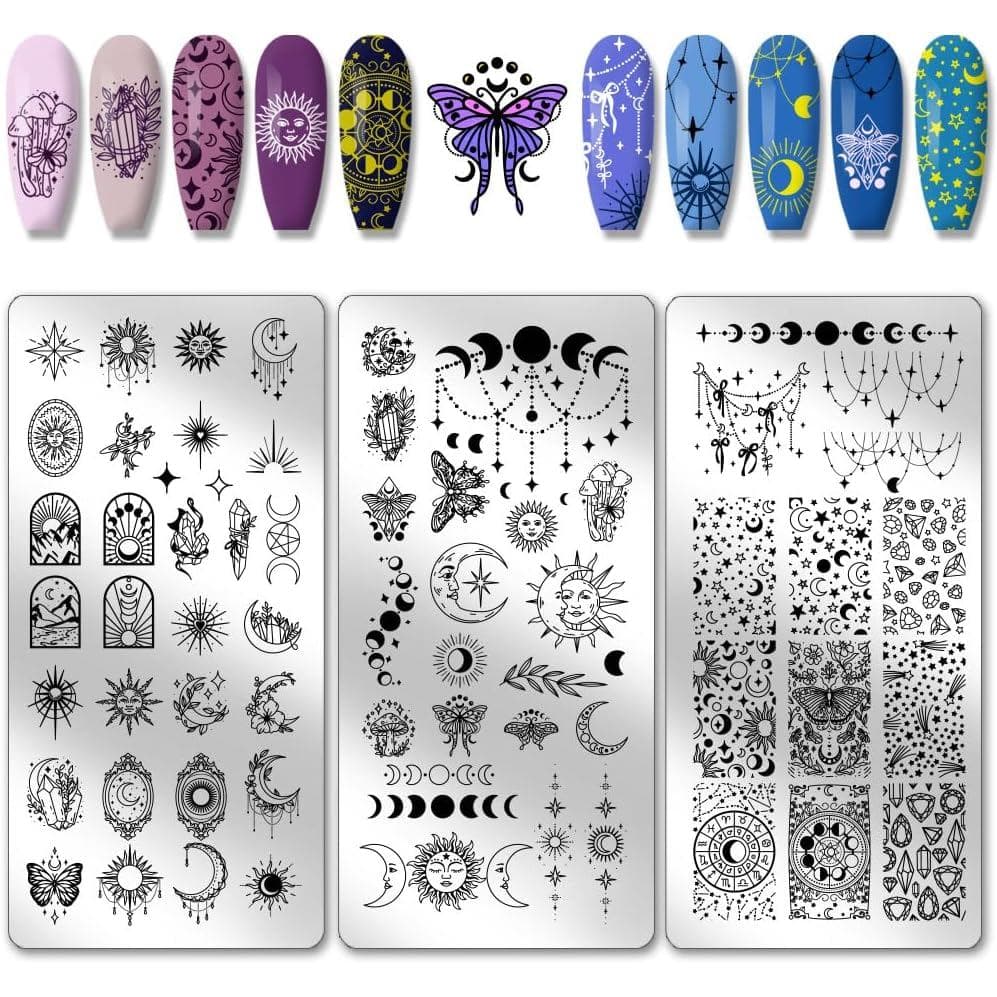 PH PandaHall 3 peças de placas de estampagem para unhas com motivos de lua e sol, moldes de arte para unhas com estampas