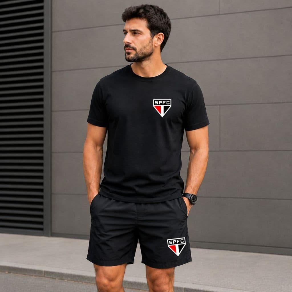 Kit Conjunto Masculino Adulto Bermuda Tactel e Camiseta 100% Algodão Camisa Gaviões da Fiel