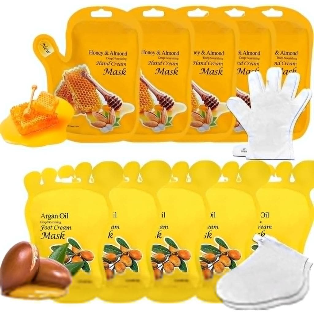 Máscara para os Pés, Máscara para as Mãos, Luvas Hidratantes de Mel e Amêndoa, Óleo de Argan, 10 Pacotes Multipack, Meia