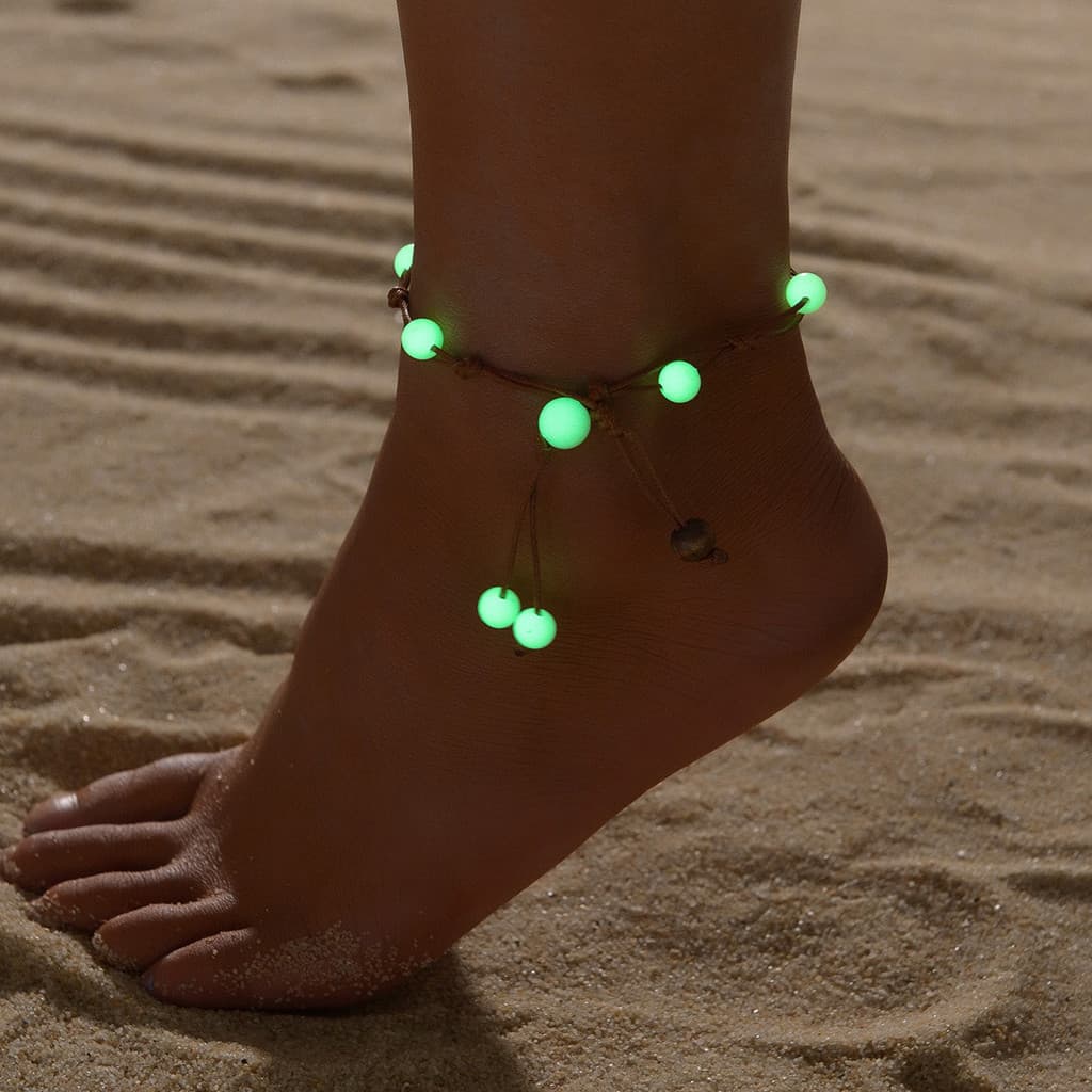 Tornozeleira feminina luminosa com contas, linha de cera à prova d'água ajustável, moda moderna, joia exclusiva para tor