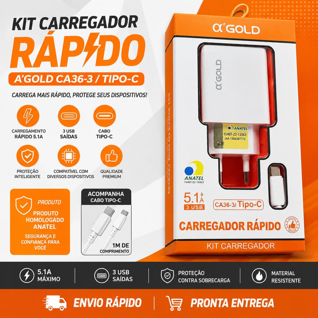 Carregador Rápido A'Gold 5.1A 3 USB Tipo-C CA36-3 Com Cabo Carregamento Turbo Android