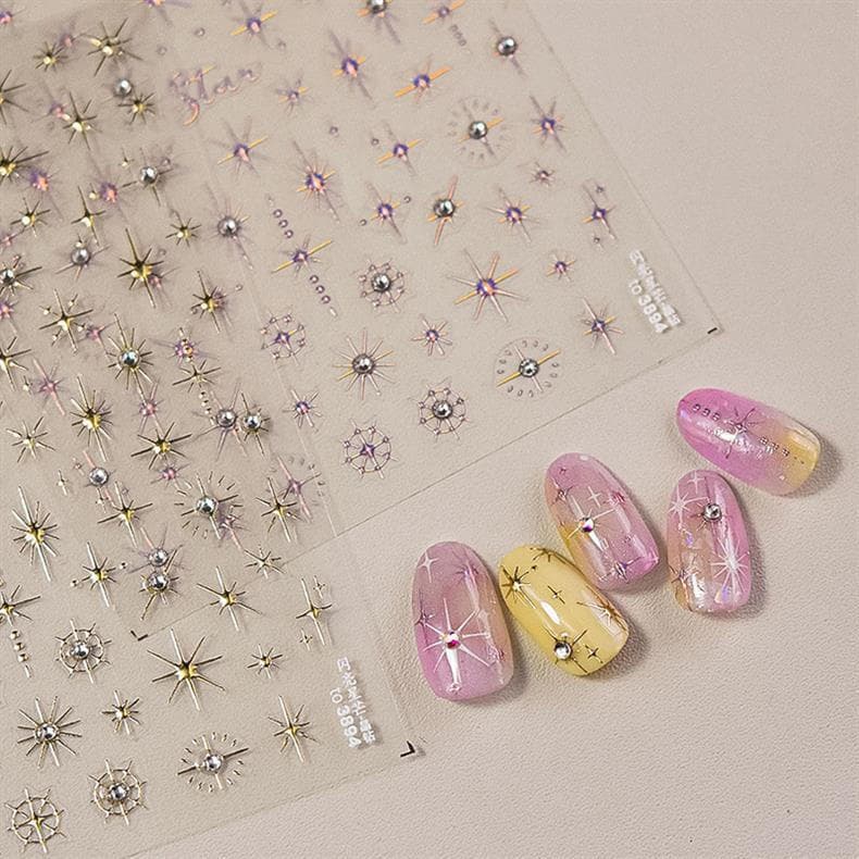 Adesivo de Manicure brilhante de seis estrelas com folha de ouro e diamantes de cristal, decoração DIY.
